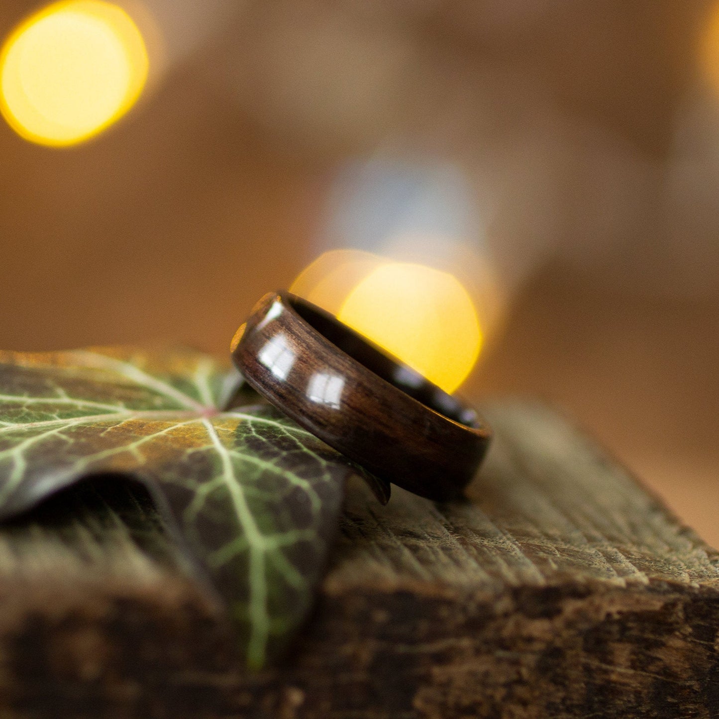 Ebony bentwood ring with a glossy finish leaning on a leaf, ideal for gifting or everyday wear.