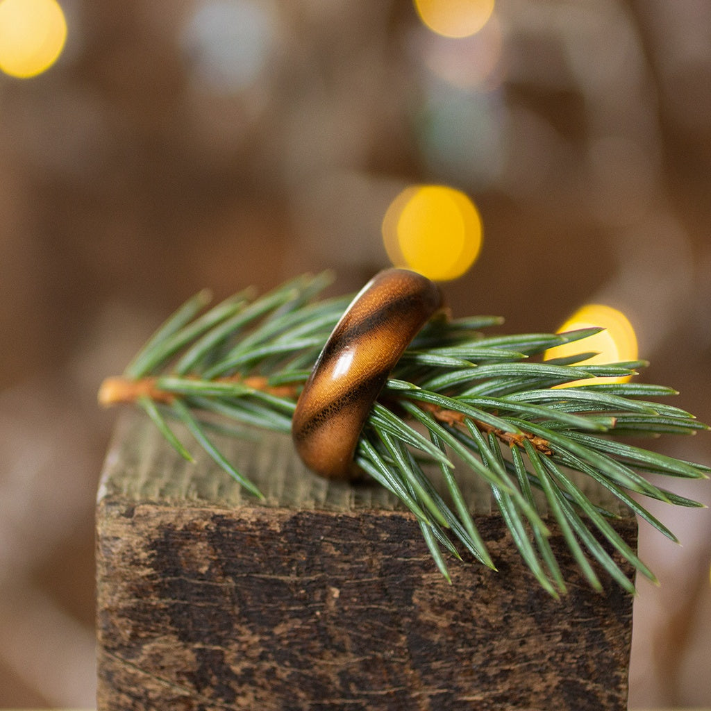 Ash wood ring with striped pattern resting on pine branch, soft festive lights in background.