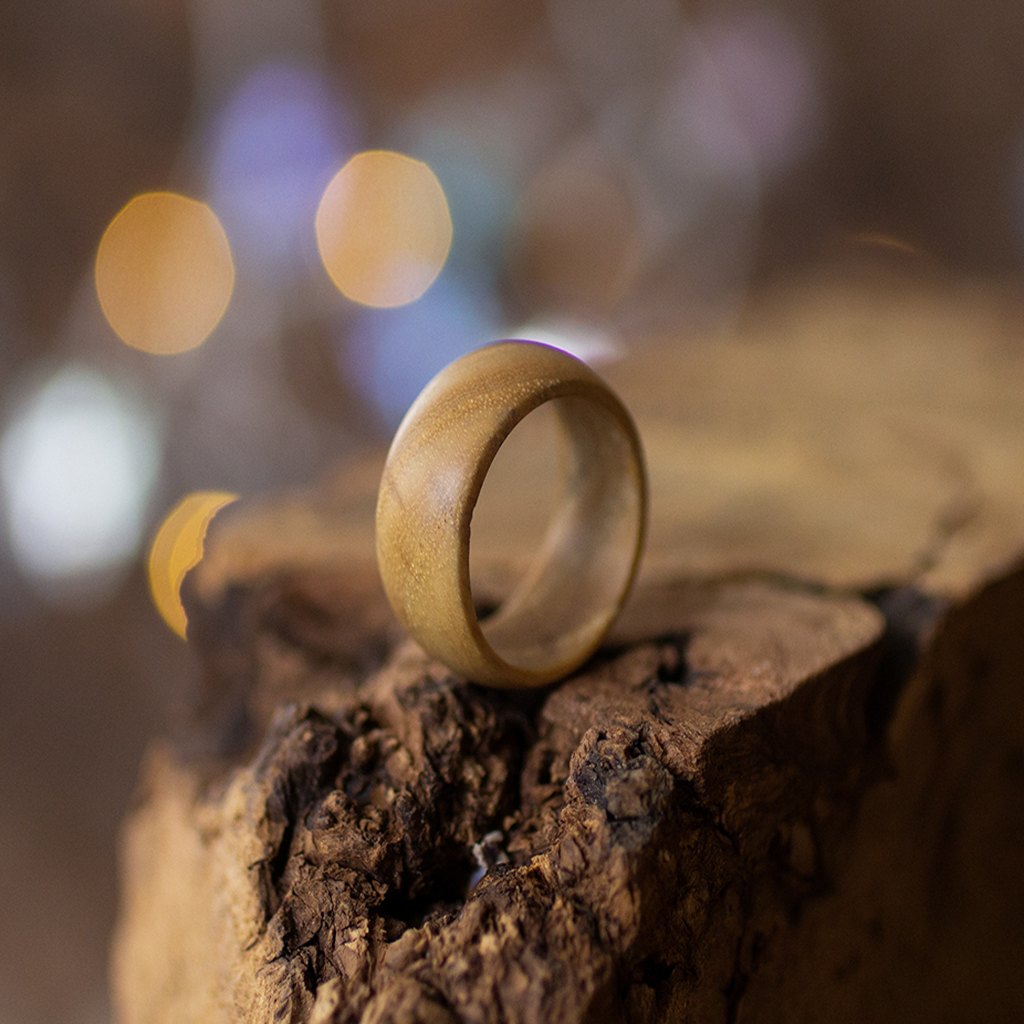 Matte ash wood ring standing on textured bark, softly lit with warm ambient bokeh.