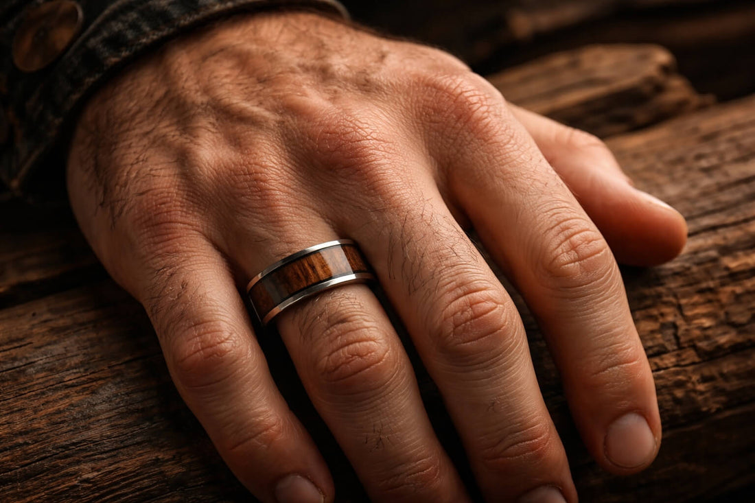Men’s hand wearing a tungsten ring with natural wood inlay, photographed in warm light on a rustic wooden surface.
