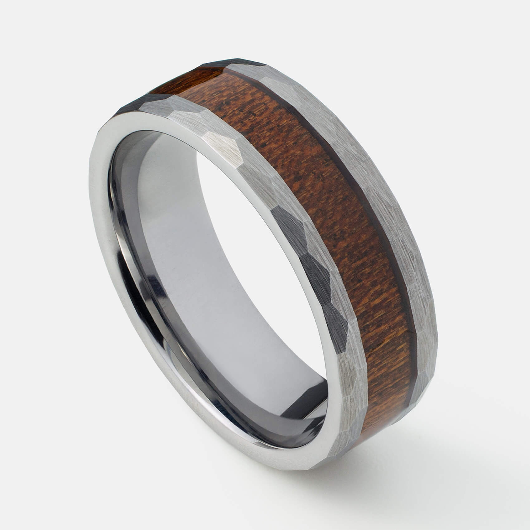 Andrwood hammered mens ring with wooden inlay 