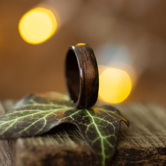 Handmade Minimalist Ebony Wood Ring by Andrwood displayed upright on a green ivy leaf with warm bokeh lights in the background.