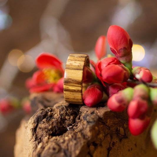 Zebrano wood ring with bentwood construction, placed on bark beside vivid red flower buds and soft bokeh lights.