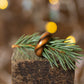 Ash wood ring with striped pattern resting on pine branch, soft festive lights in background.